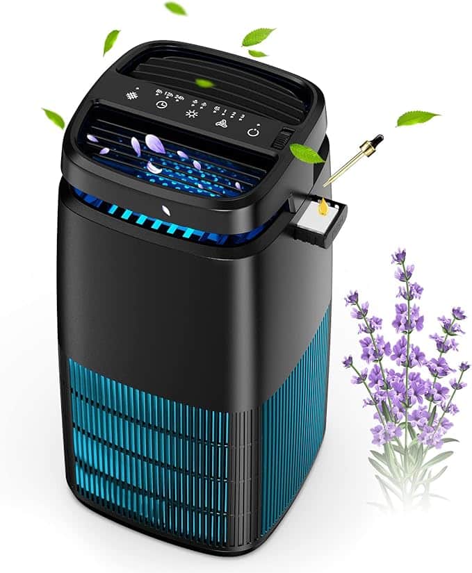 Black air purifier with a small drawer that pulls out to add essential oils.