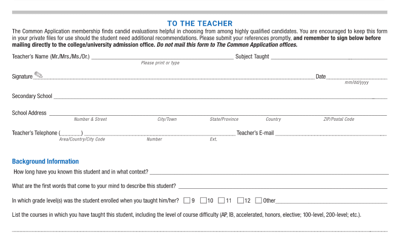 Common App Teacher's Evaluation