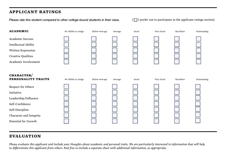 universal college app evaluation form #1