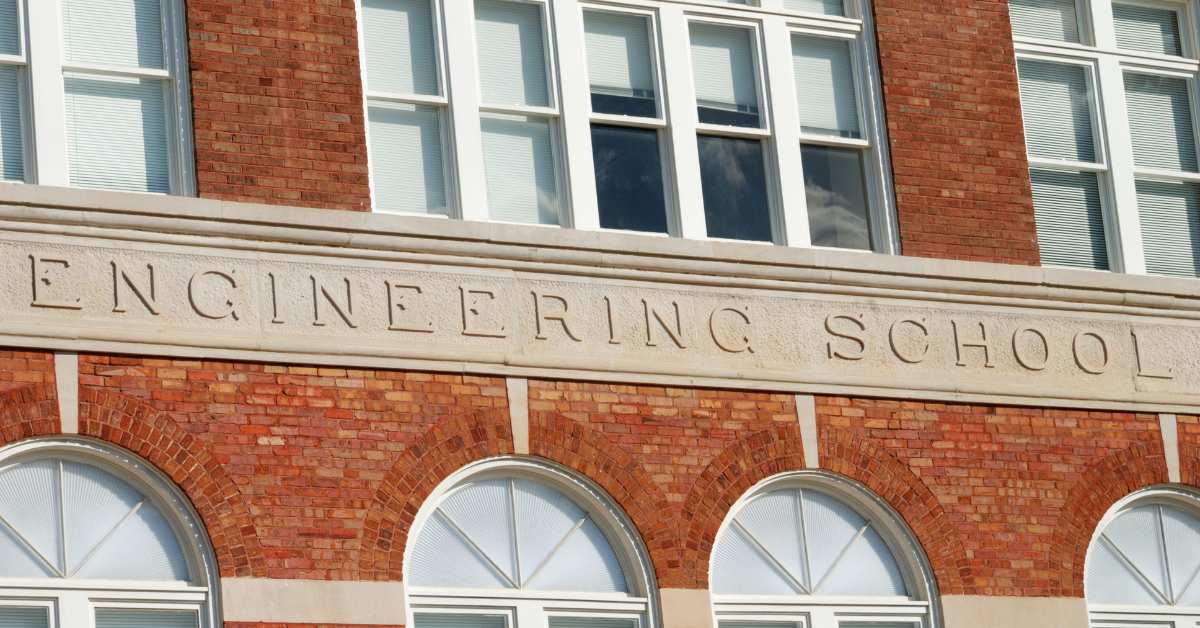 Academic brick building with "Engineering school" written on the face