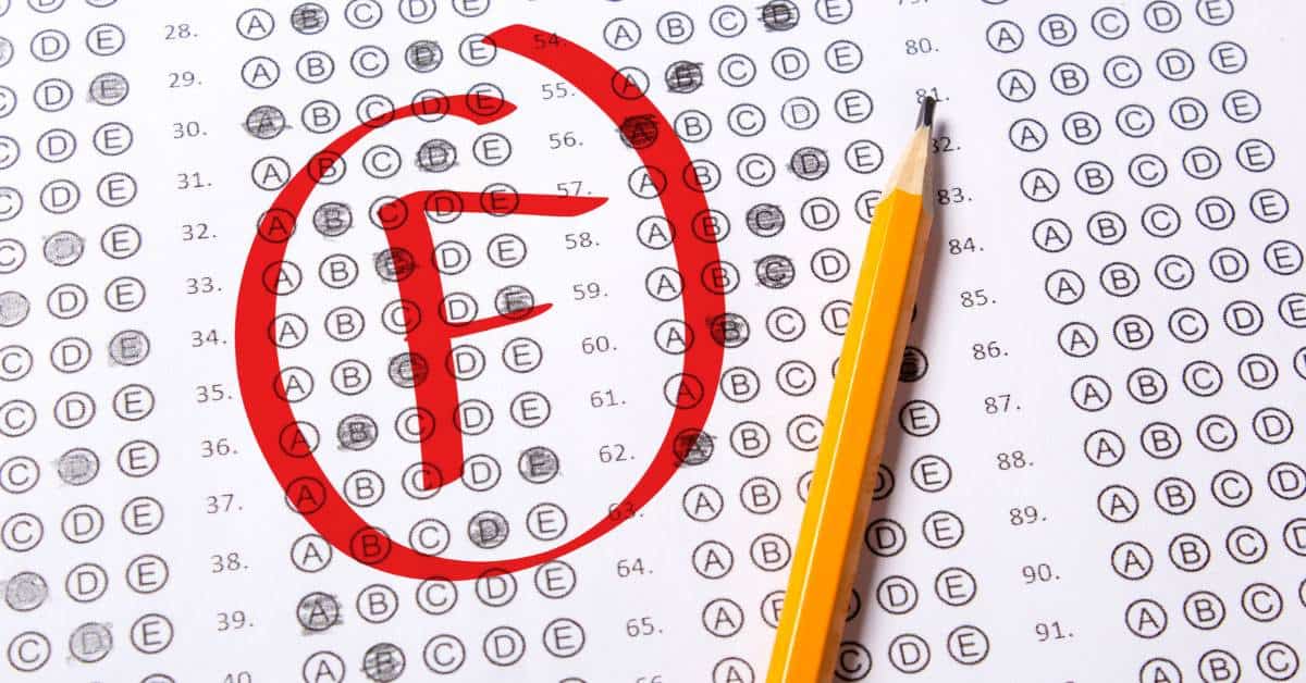 Scantron sheet with a red F circled on top