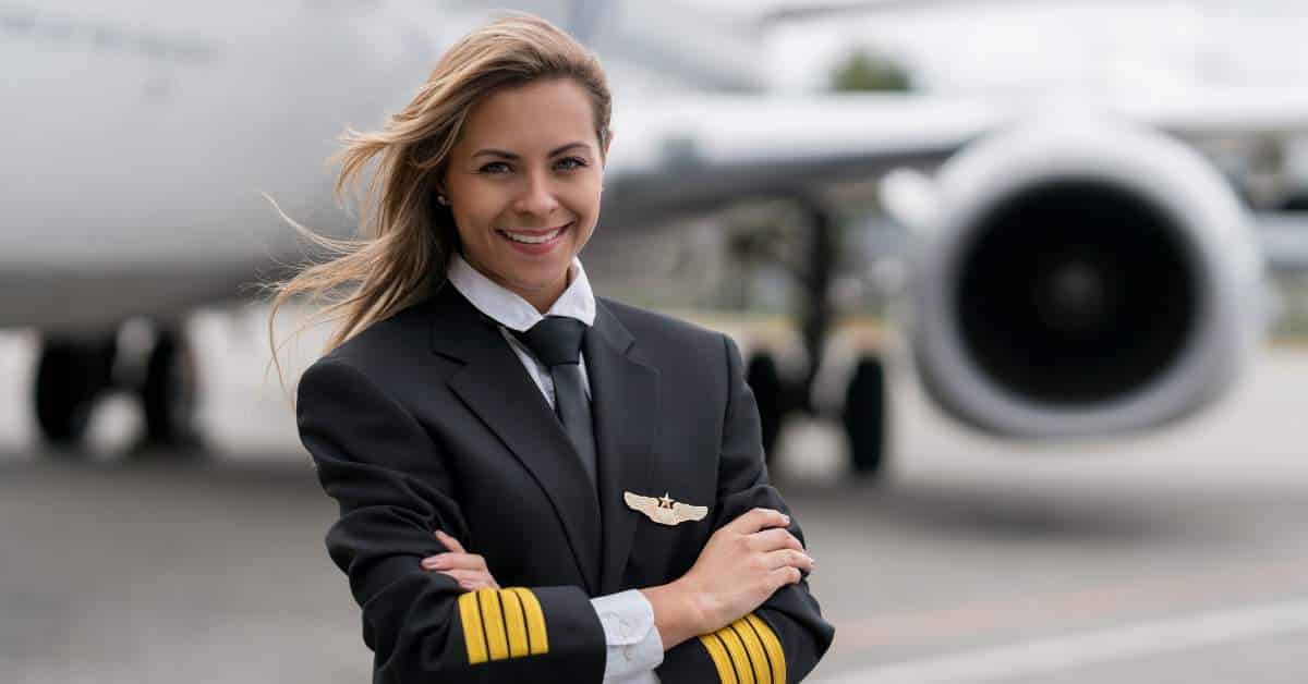 Female pilot with arms crossed standing beside a plane.