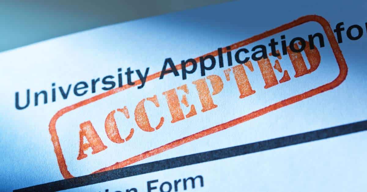 University application with the word "Accepted" stamped in red at the top